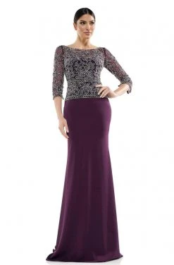 Formal Gowns Marsoni By Colors - Quarter Sleeve Bead Embellished Dress MV1026 - 1 Pc Eggplant In Size 14 Available