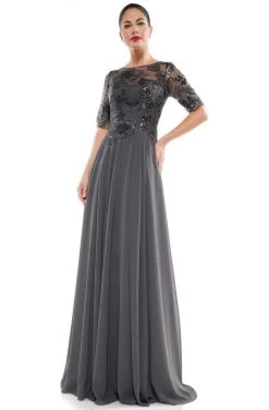 Formal Gowns Marsoni By Colors - Sheer Quarter Sleeved Boat Neck Beaded Chiffon A-line Dress M286