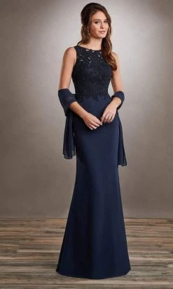 Mary's Bridal - Beaded Lace Chiffon Trumpet Dress MB8060SC - 1 Pc Navy In Size 6 Available Formal Gowns