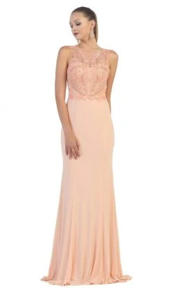 May Queen - Bateau Neck Beaded Jersey Evening Gown Formal Gowns
