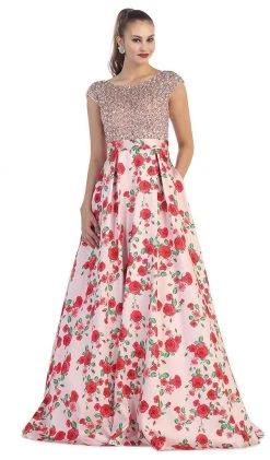 Formal Gowns May Queen - Beaded Cap Sleeve And Floral A-line Evening Dress