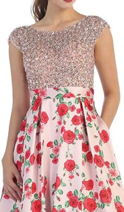 Formal Gowns May Queen - Beaded Cap Sleeve And Floral A-line Evening Dress