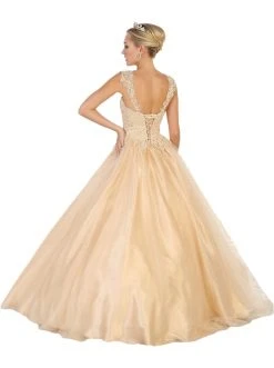 May Queen - Beaded Lace Plunging Sweetheart Quinceanera Ballgown Formal Gowns