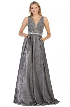 May Queen - Beaded Lace V-Neck Metallic Gown RQ7790 - 1 Pc Charcoal Gray In Size 8 Available