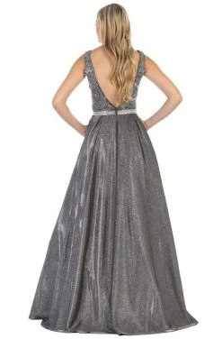 May Queen - Beaded Lace V-Neck Metallic Gown RQ7790 - 1 Pc Charcoal Gray In Size 8 Available