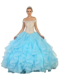 May Queen - Beaded Off-Shoulder Ruffled Quinceanera Ballgown Formal Gowns