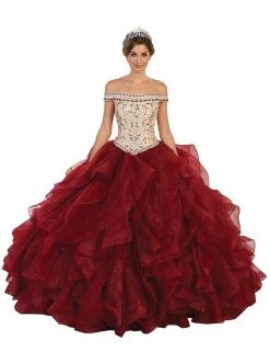 May Queen - Beaded Off-Shoulder Ruffled Quinceanera Ballgown Formal Gowns