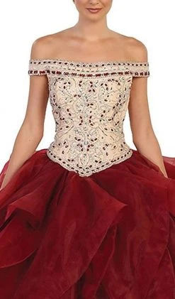 May Queen - Beaded Off-Shoulder Ruffled Quinceanera Ballgown Formal Gowns
