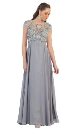May Queen - Bejeweled Cap Sleeve Illusion Scoop Evening Dress