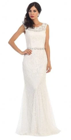 May Queen Bridal - Classy Bateau Illusion Trumpet Lace Dress MQ1258 Formal Gowns