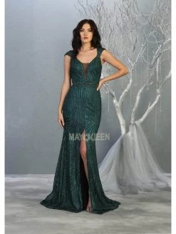 May Queen - Cap Sleeve Front Slit Formal Dress RQ7812 - 1 Pc Hunter Green In Size 10 Available