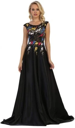 May Queen - Cap Sleeves Floral Appliqued A-line Evening Gown
