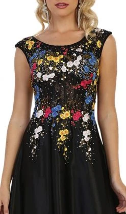 May Queen - Cap Sleeves Floral Appliqued A-line Evening Gown