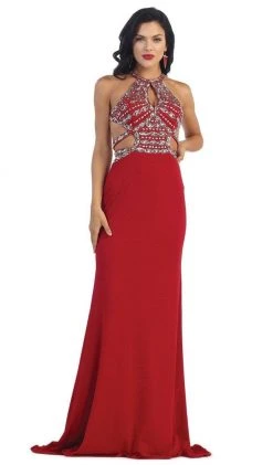 May Queen - Crisscrossed Cutout Jeweled Sheath Prom Gown Formal Gowns