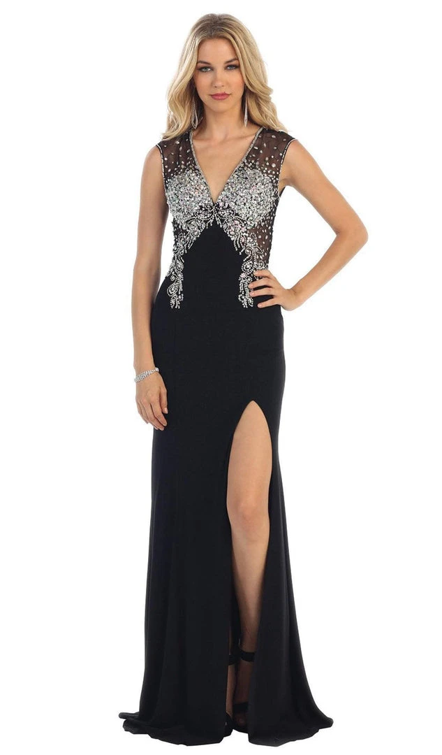 Formal Gowns May Queen - Deep V-Neck Bejeweled Fitted Evening Gown 3 Formal Gowns May Queen - Deep V-Neck Bejeweled Fitted Evening Gown