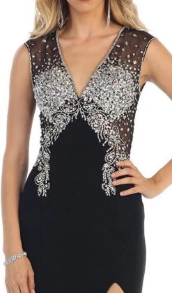 Formal Gowns May Queen - Deep V-Neck Bejeweled Fitted Evening Gown