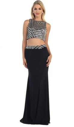 May Queen - Embellished Crop Top Two-Piece Jersey Prom Dress Formal Gowns