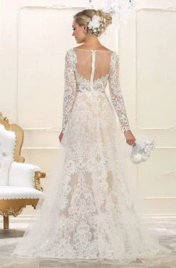 May Queen - Embroidered Lace Sheer Long Sleeve Trumpet Gown RQ7603 - 1 Pc Ivory/Nude In Size 10 Available