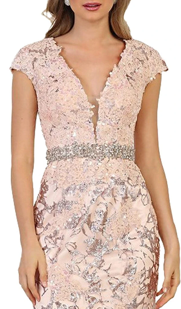 May Queen - Floral Appliqued Deep V-neck Mermaid Mother Of The Bride Gown 4 May Queen - Floral Appliqued Deep V-neck Mermaid Mother Of The Bride Gown