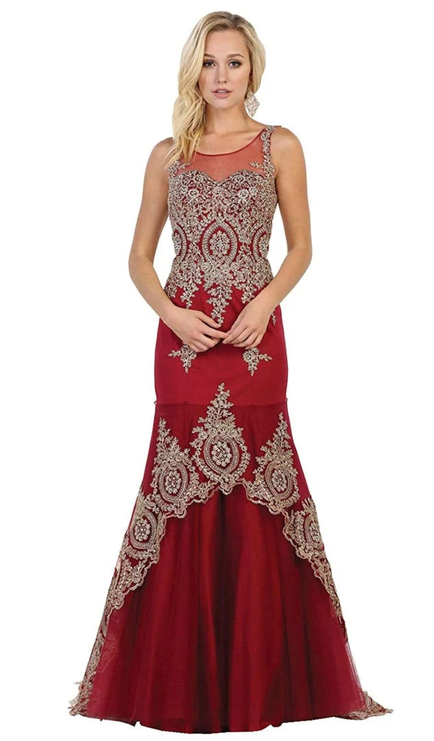 May Queen - Gilt Lace Illusion Scoop Trumpet Dress RQ7546 - 1 Pc Burgundy In Size 12 Available Formal Gowns 3 May Queen - Gilt Lace Illusion Scoop Trumpet Dress RQ7546 - 1 Pc Burgundy In Size 12 Available Formal Gowns