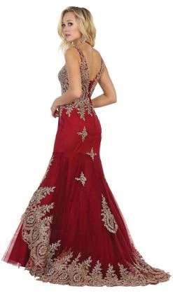 May Queen - Gilt Lace Illusion Scoop Trumpet Dress RQ7546 - 1 Pc Burgundy In Size 12 Available Formal Gowns