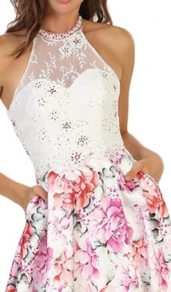 May Queen - Halter Floral Print Jacquard A-line Evening Dress