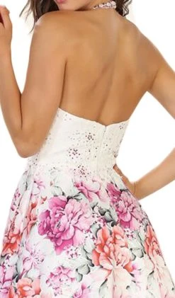 May Queen - Halter Floral Print Jacquard A-line Evening Dress