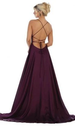 Formal Gowns May Queen - Halter Neck Tie String Back A-Line Satin Gown MQ1642 - 1 Pc Eggplant In Size 4 Available