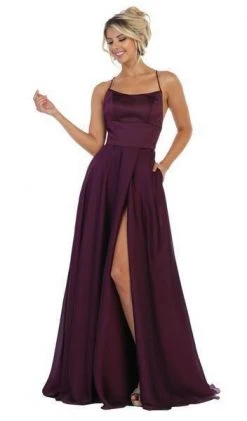 Formal Gowns May Queen - Halter Neck Tie String Back A-Line Satin Gown MQ1642 - 1 Pc Eggplant In Size 4 Available
