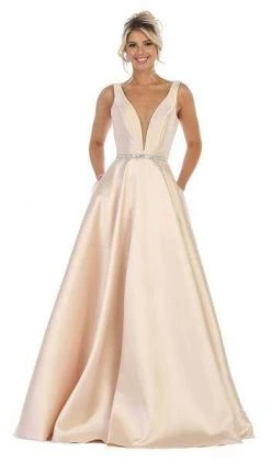 May Queen - Illusion Plunging Neck Sleeveless Satin A-Line Gown MQ1683 - 1 Pc Champagne In Size 12 Available 9 May Queen - Illusion Plunging Neck Sleeveless Satin A-Line Gown MQ1683 - 1 Pc Champagne In Size 12 Available