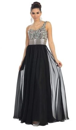 Formal Gowns May Queen - Jewel Embellished Asymmetrical Neck Chiffon Prom Dress 22 Formal Gowns May Queen - Jewel Embellished Asymmetrical Neck Chiffon Prom Dress