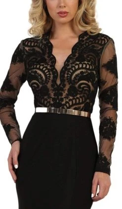 May Queen - Lace Bodice Scalloped V-Neck Trumpet Dress RQ7624 - 1 Pc Black In Size 8 Available Formal Gowns