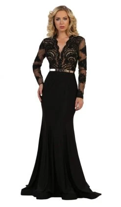 May Queen - Lace Bodice Scalloped V-Neck Trumpet Dress RQ7624 - 1 Pc Black In Size 8 Available Formal Gowns