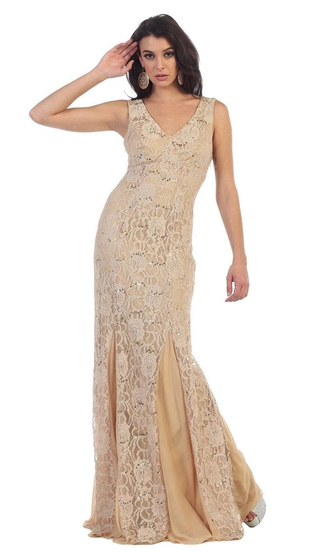 Formal Gowns May Queen - Lace Embellished V-neck Sheath Evening Dress 3 Formal Gowns May Queen - Lace Embellished V-neck Sheath Evening Dress
