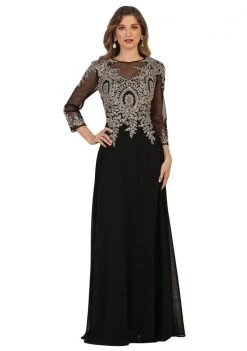 Formal Gowns May Queen Lace Illusion Bateau Fitted Dress - 1 Pc Black/Gold In Size 2XL Available