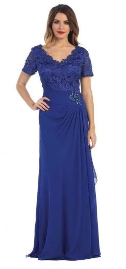 May Queen Lace V-Neck Short Sleeves Evening Dress MQ1229 - 1 Pc Royal Blue In Size XL Available Formal Gowns