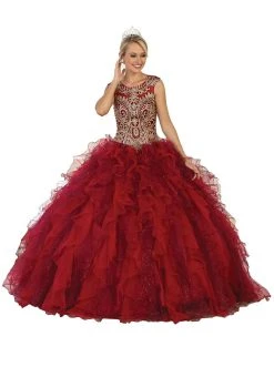 May Queen - LK104 Gilded Jewel Neck Ruffled Quinceanera Ballgown