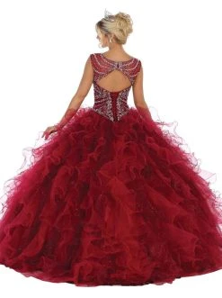 May Queen - LK124 Cap Sleeve Crystal Ornate Ruffled Ballgown