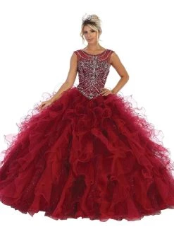 May Queen - LK124 Cap Sleeve Crystal Ornate Ruffled Ballgown