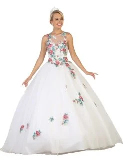 Formal Gowns May Queen - LK97 Sleeveless Floral Embellished Evening Ballgown