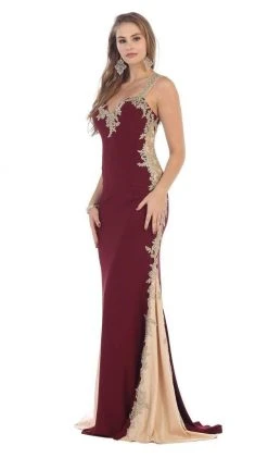 May Queen - MQ-1297 Gilt Lace Ornate Trumpet High Slit Prom Gown