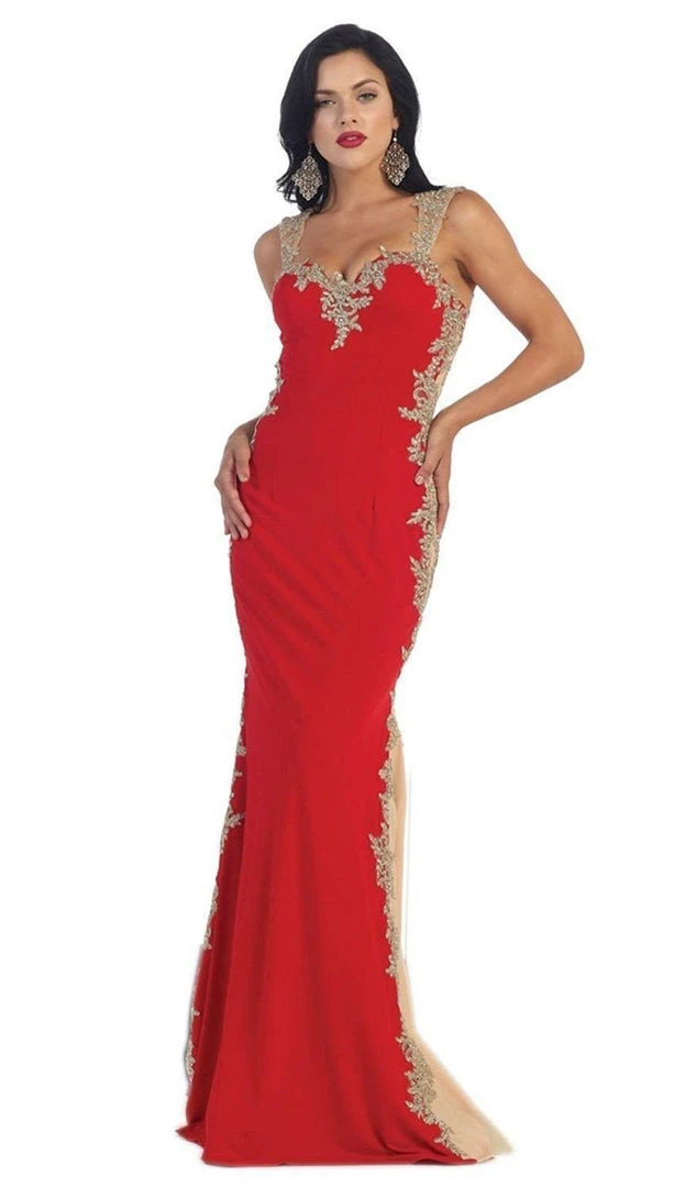 May Queen - MQ-1297 Gilt Lace Ornate Trumpet High Slit Prom Gown 7 May Queen - MQ-1297 Gilt Lace Ornate Trumpet High Slit Prom Gown