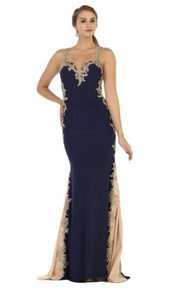 May Queen - MQ-1297 Gilt Lace Ornate Trumpet High Slit Prom Gown 19 May Queen - MQ-1297 Gilt Lace Ornate Trumpet High Slit Prom Gown