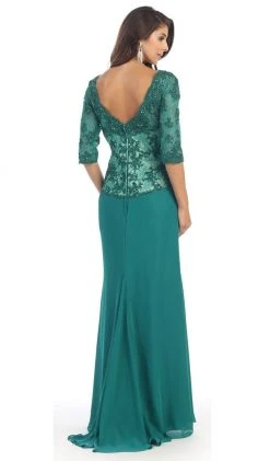 May Queen - MQ1114 Lace Bodice Quarter Sleeve A-Line Evening Dress Formal Gowns