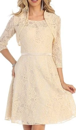 May Queen - MQ1209 Illusion Lace A-Line Cocktail Dress With Sheer Bolero Cocktail Dresses