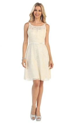 May Queen - MQ1209 Illusion Lace A-Line Cocktail Dress With Sheer Bolero Cocktail Dresses