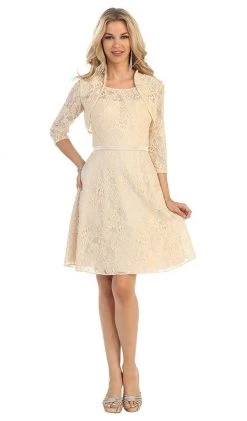 May Queen - MQ1209 Illusion Lace A-Line Cocktail Dress With Sheer Bolero Cocktail Dresses