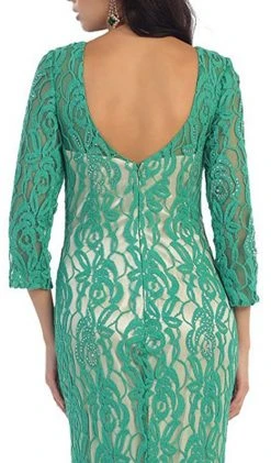 May Queen - MQ1254 Overlaid Lace V-Neck Sheath Evening Gown