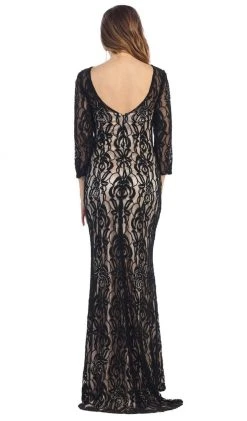May Queen - MQ1254 Overlaid Lace V-Neck Sheath Evening Gown