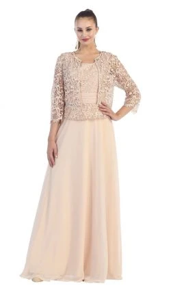 May Queen - MQ1288 Exquisite Bateau Lace Long Evening Dress With Lace Jacket Formal Gowns